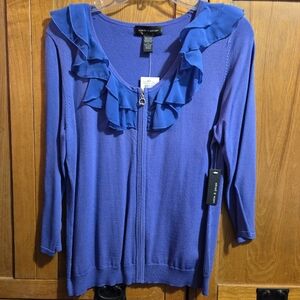Cable & Guage Women's Blue Dazzle Full Front Zip V-neck With Ruffle Trim Size L